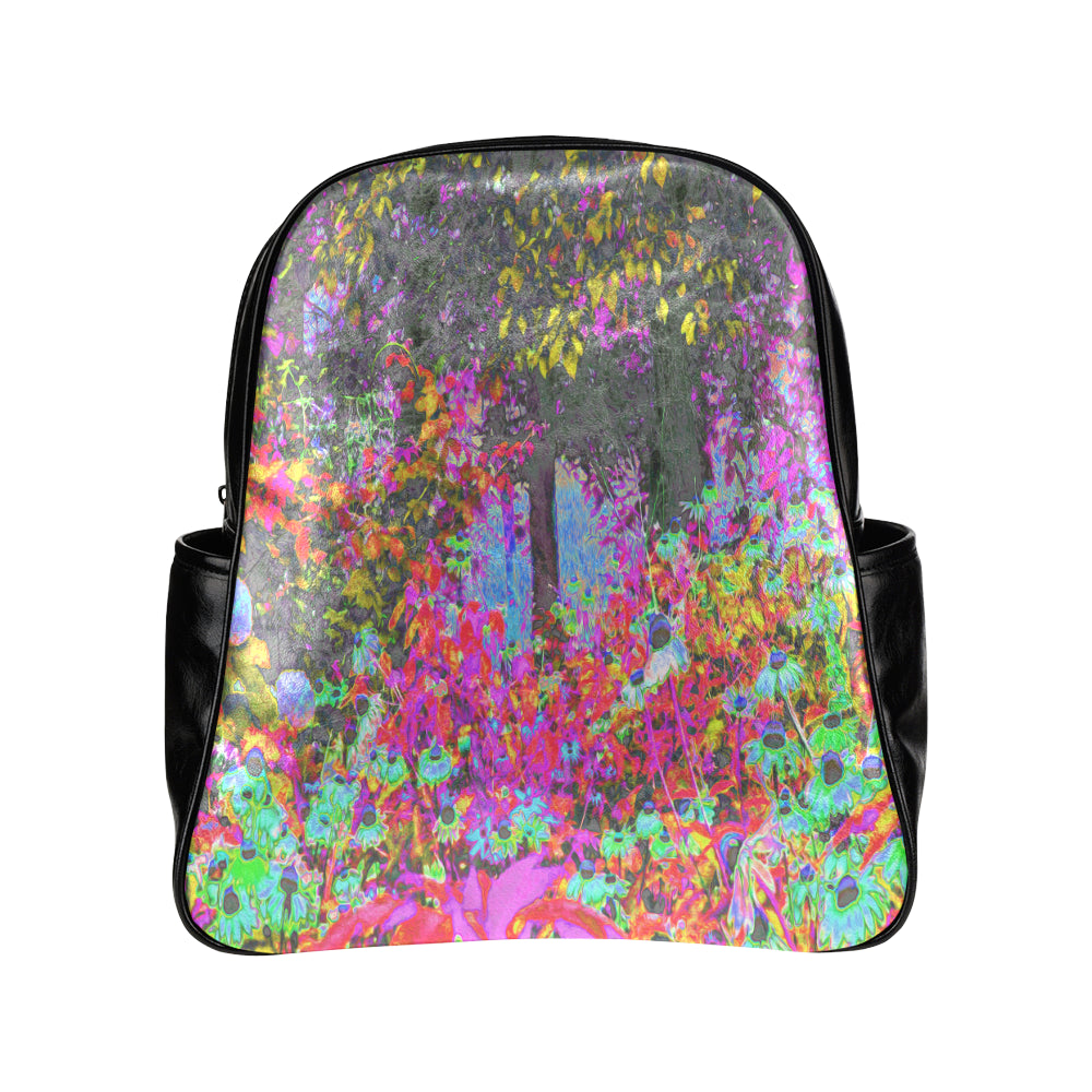 Backpack - Faux Leather, Psychedelic Tropical Festival Garden Sunrise - Black