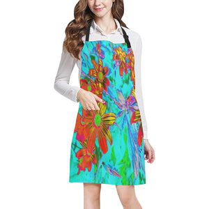 Apron with Pockets, Aqua Tropical with Yellow and Orange Flowers