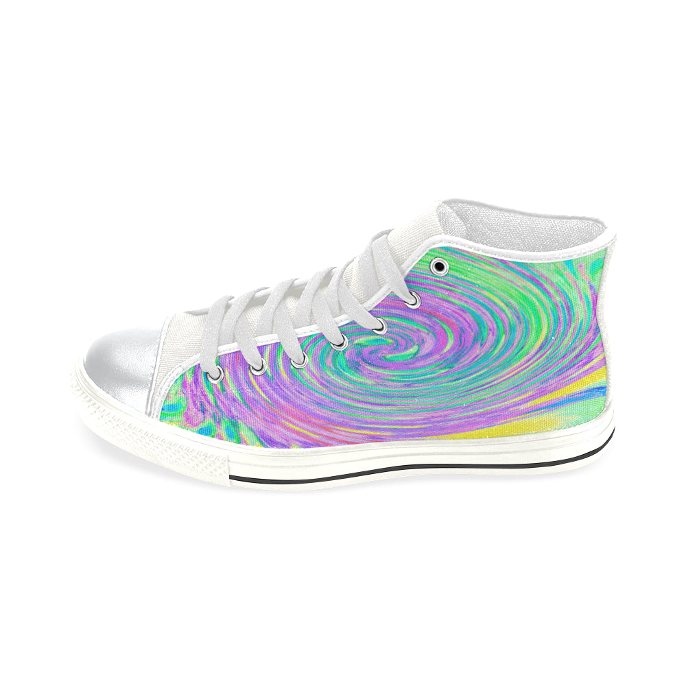 Kids High Top Sneakers, Turquoise Blue and Purple Abstract Swirl - White