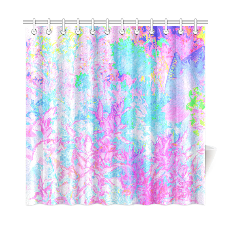 Shower Curtain, Aqua Blue and Hot Pink Hydrangea Landscape