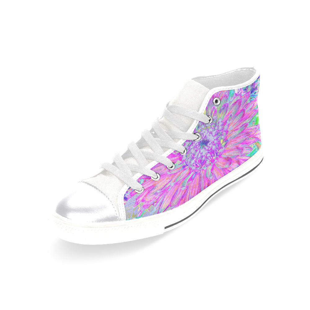 High Top Sneakers for Women, Cool Pink, Blue and Purple Cactus Dahlia Explosion - White