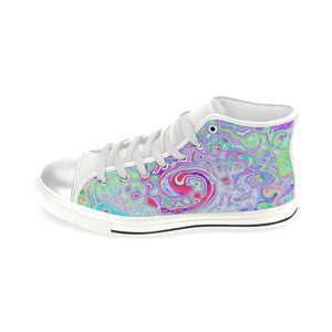 High Top Sneakers for Women, Groovy Abstract Retro Pink and Green Swirl - White