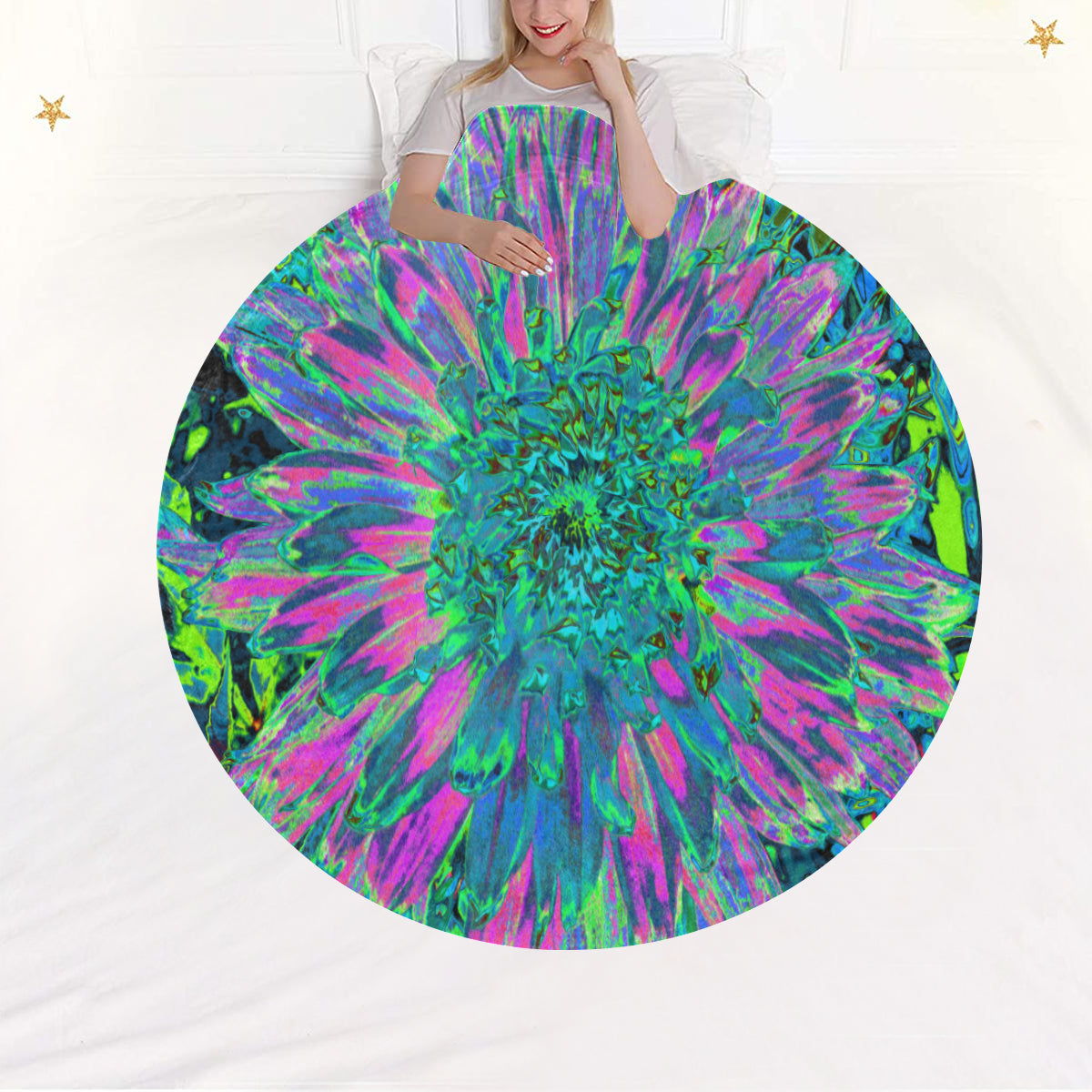 Round Throw Blankets, Psychedelic Magenta, Aqua and Lime Green Dahlia