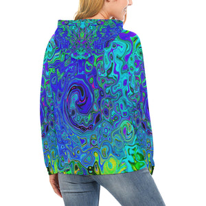 Hoodies for Women, Trippy Violet Blue Abstract Retro Liquid Swirl