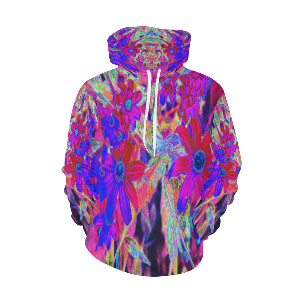 Hoodies for Women, Psychedelic Retro Crimson and Magenta Wildflowers