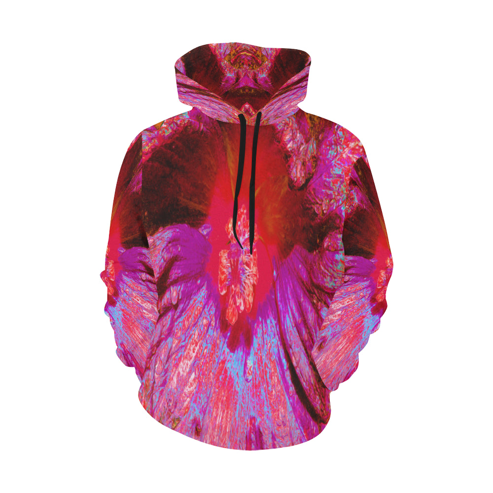 Hoodies for Men, Psychedelic Trippy Retro Red Hibiscus Flower