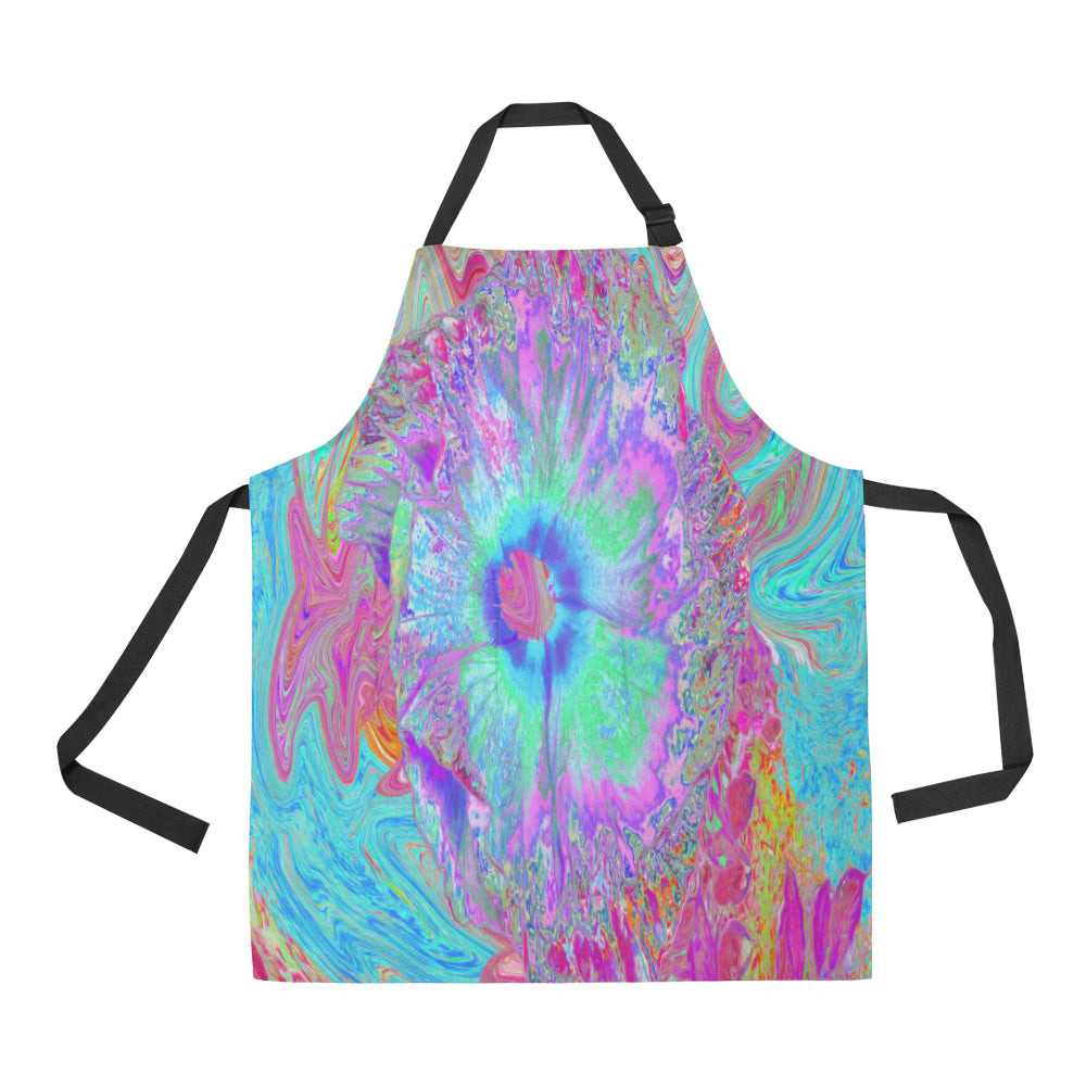 Apron with Pockets, Psychedelic Retro Rainbow Blue Hibiscus