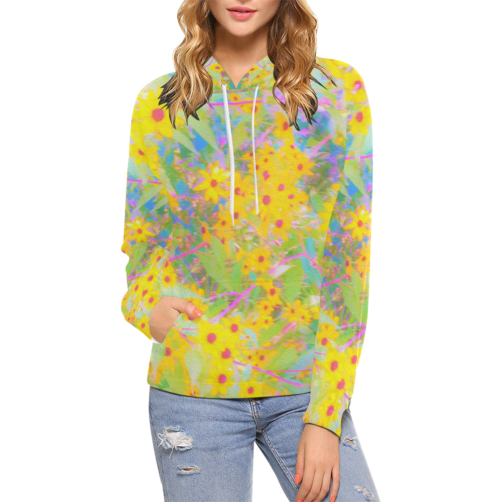 Hoodies for Women, Pretty Yellow and Red Flowers with Turquoise