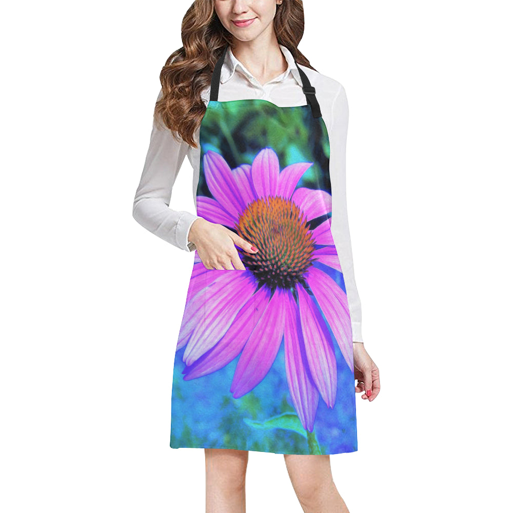 Apron with Pockets, Pink and Purple Coneflower on Blue Garden