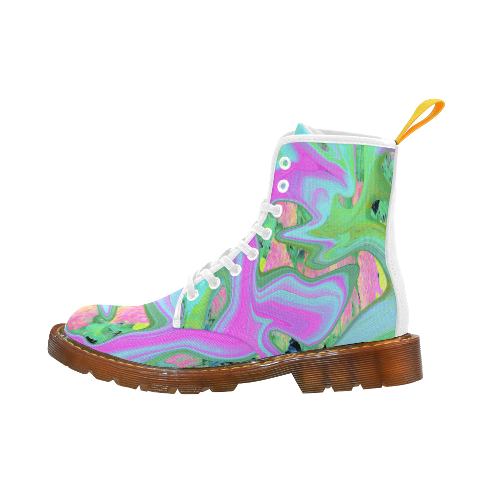 Colorful Boots for Women, Retro Pink and Light Blue Liquid Art on Hydrangea - White