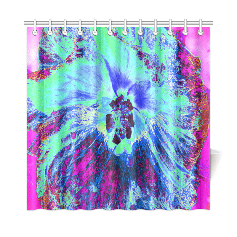 Floral Shower Curtains, Psychedelic Retro Green and Blue Hibiscus Flower