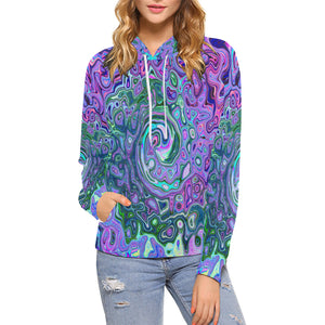 Hoodies for Women, Groovy Abstract Retro Green and Purple Swirl