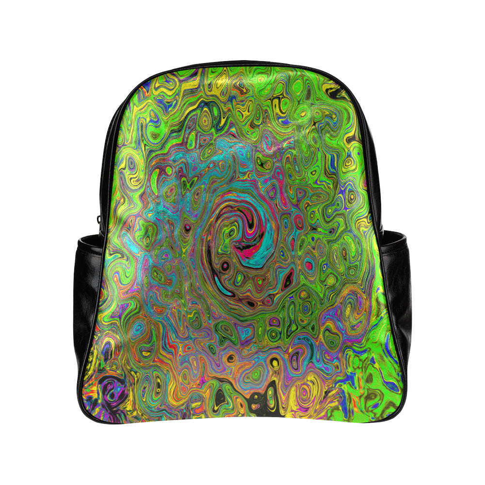 Backpack - Faux Leather, Groovy Abstract Retro Lime Green and Blue Swirl