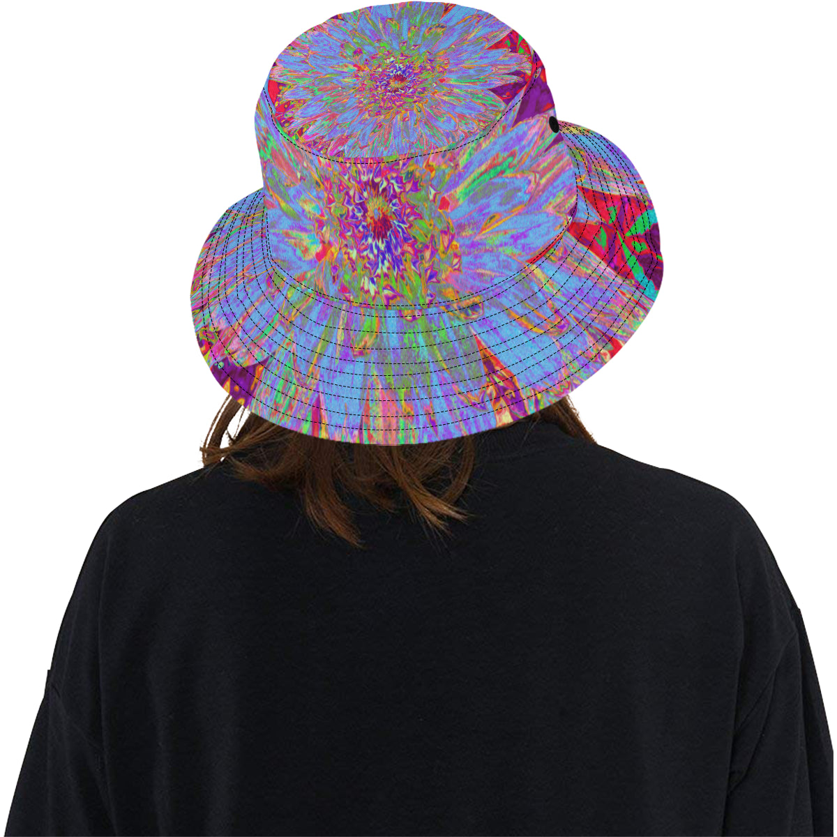 Bucket Hats, Psychedelic Groovy Blue Abstract Dahlia Flower