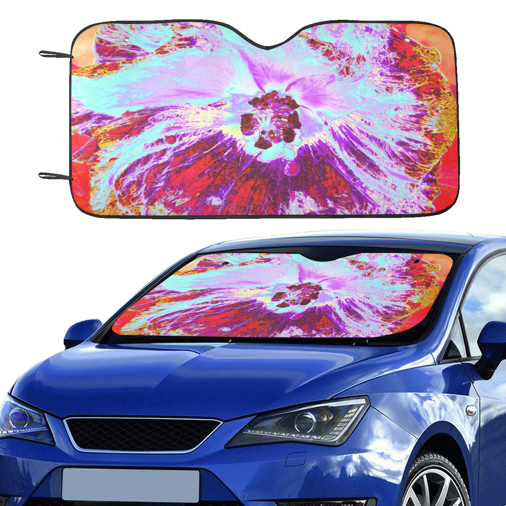 Auto Sun Shades, Abstract Tropical Aqua and Purple Hibiscus Flower