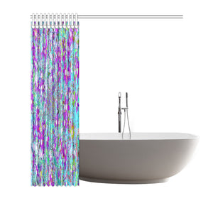 Shower Curtain, Aqua Garden with Violet Blue and Hot Pink Flowers