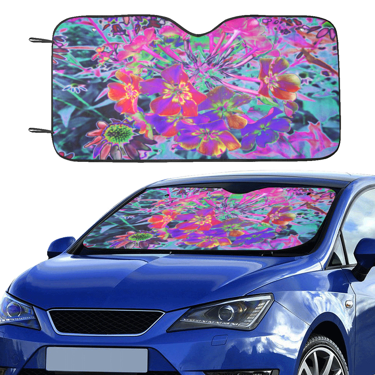 Auto Sun Shade, Dramatic Psychedelic Colorful Red and Purple Flowers