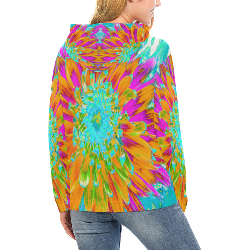 Hoodies for Women, Tropical Orange and Hot Pink Decorative Dahlia