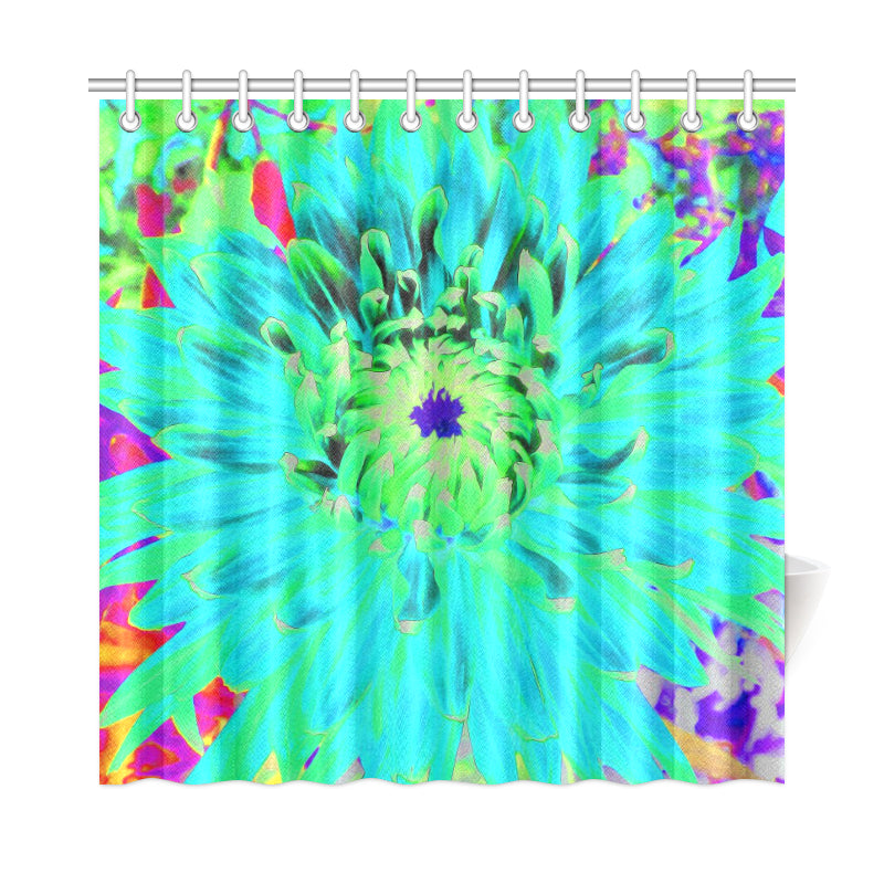 Shower Curtain, Aqua Cactus Dahlia Abstract Macro Flower