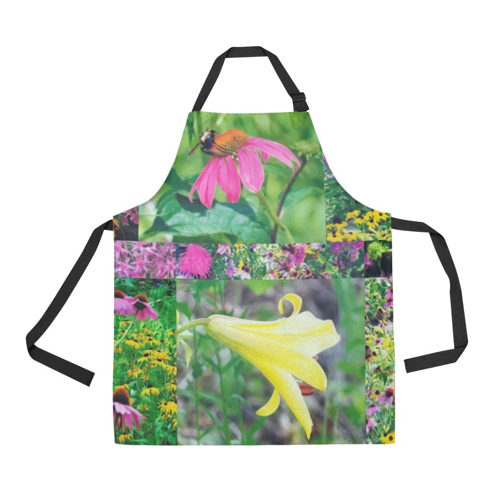 Apron with Pockets, Floral Garden Collage with Bumblebee