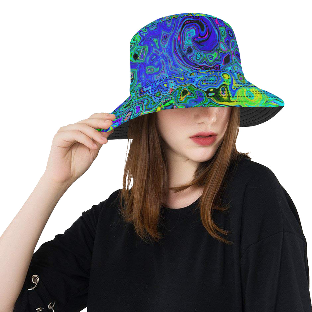 Bucket Hats, Trippy Violet Blue Abstract Retro Liquid Swirl