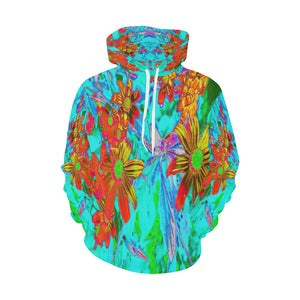 Hoodies for Women, Aqua Tropical with Yellow and Orange Flowers