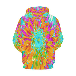 Hoodies for Women, Tropical Orange and Hot Pink Decorative Dahlia