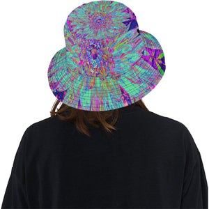 Bucket Hats, Aquamarine Rainbow Color Abstract Dahlia Flower