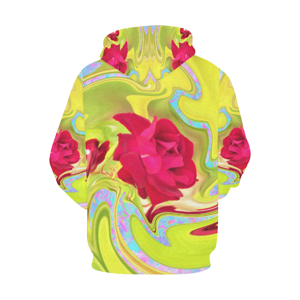 Hoodies for Women, Painted Red Rose on Yellow and Blue Abstract