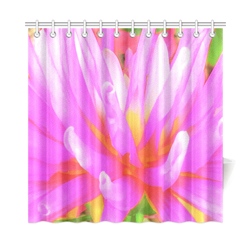 Shower Curtain, Fiery Hot Pink and Yellow Cactus Dahlia Flower