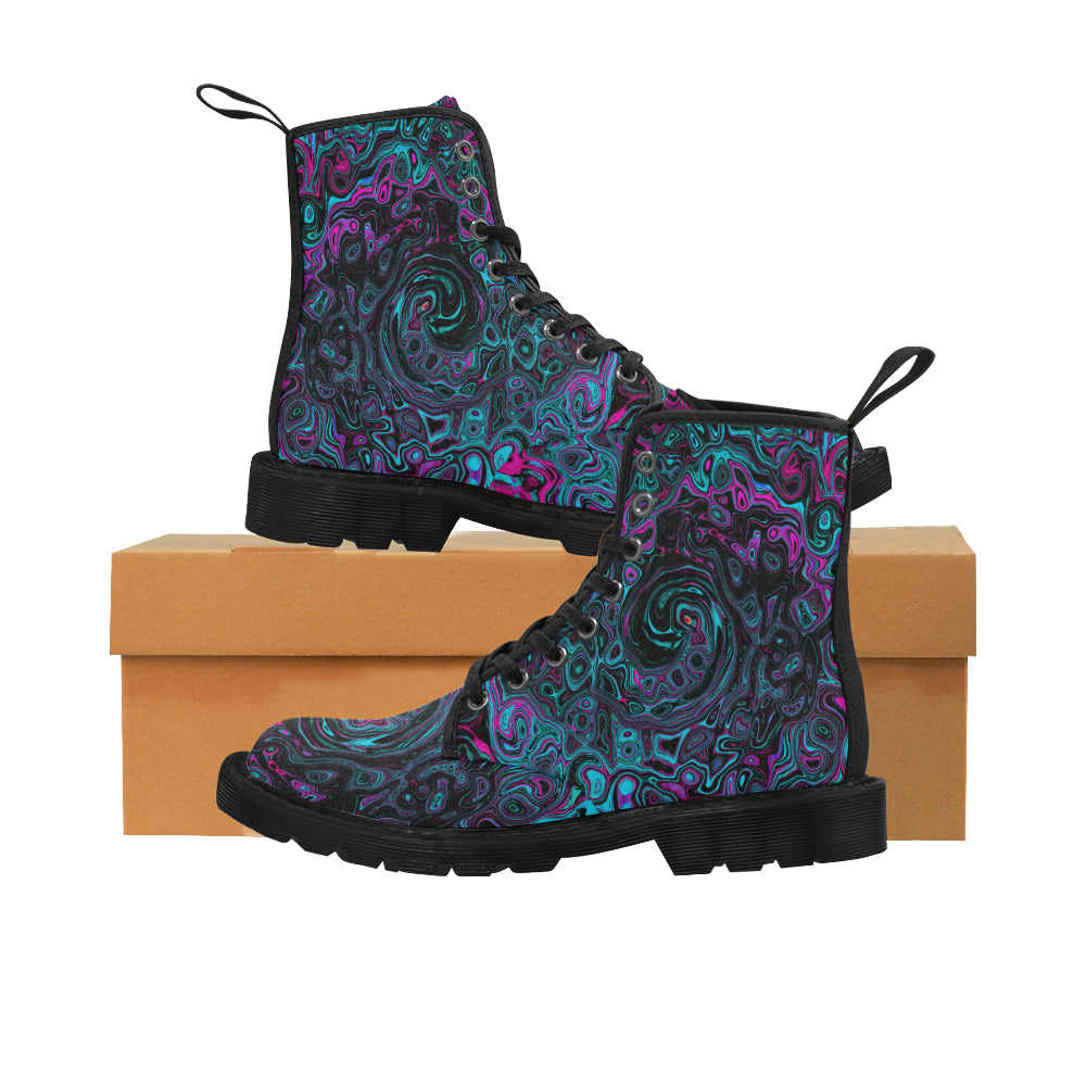 Boots for Women, Retro Aqua Magenta and Black Abstract Swirl