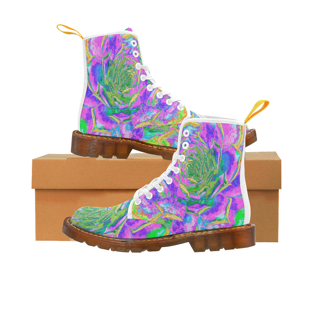 Boots for Women, Rainbow Colors Fiesta Succulent Sedum Rosette - White
