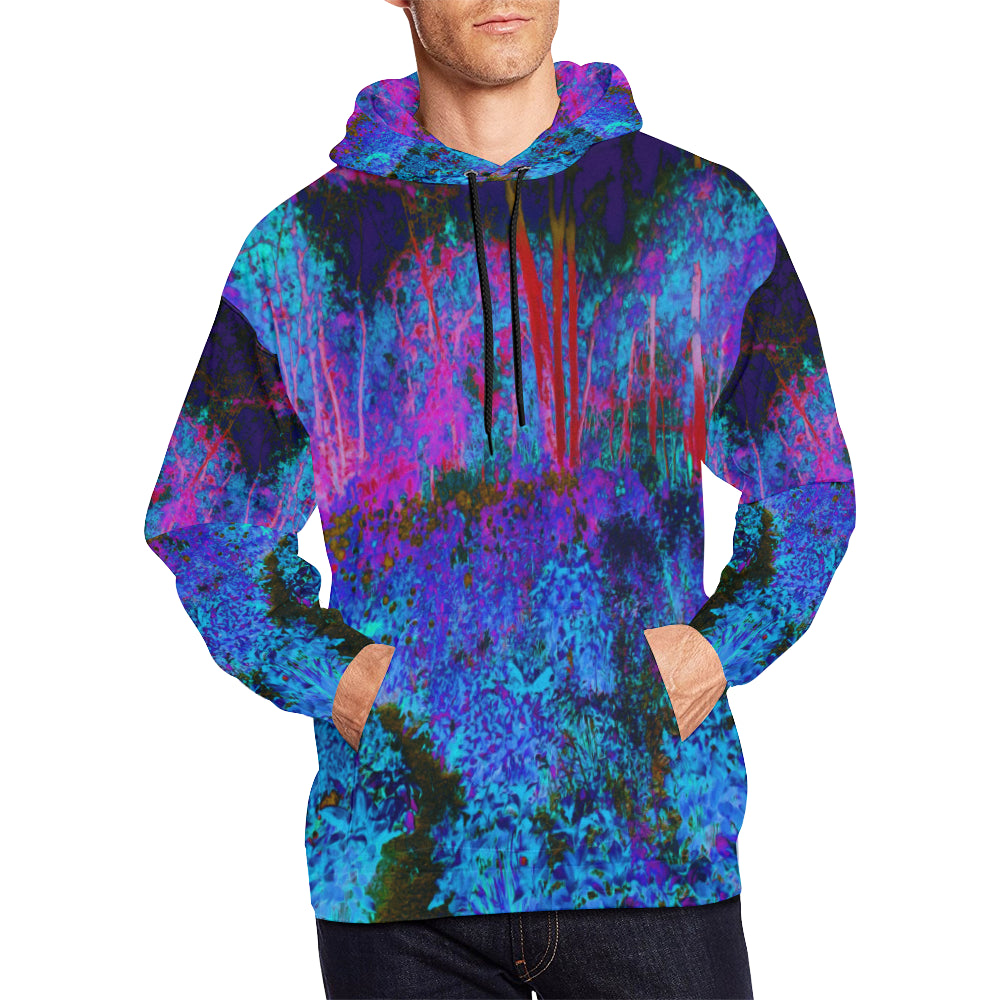 Hoodies for Men, Impressionistic Dark Blue and Red Garden Landscape