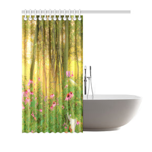 Shower Curtain, Golden Sunrise with Pink Coneflowers in My Garden