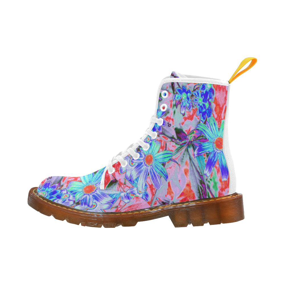 Boots for Women, Retro Psychedelic Aqua and Orange Flowers - White