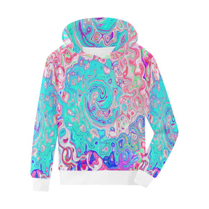 Fleece Hoodies for Girls and Boys, Groovy Aqua Blue and Pink Abstract Retro Swirl