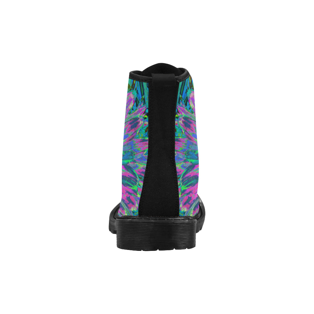 Colorful Boots for Women, Psychedelic Magenta, Aqua and Lime Green Dahlia - Black