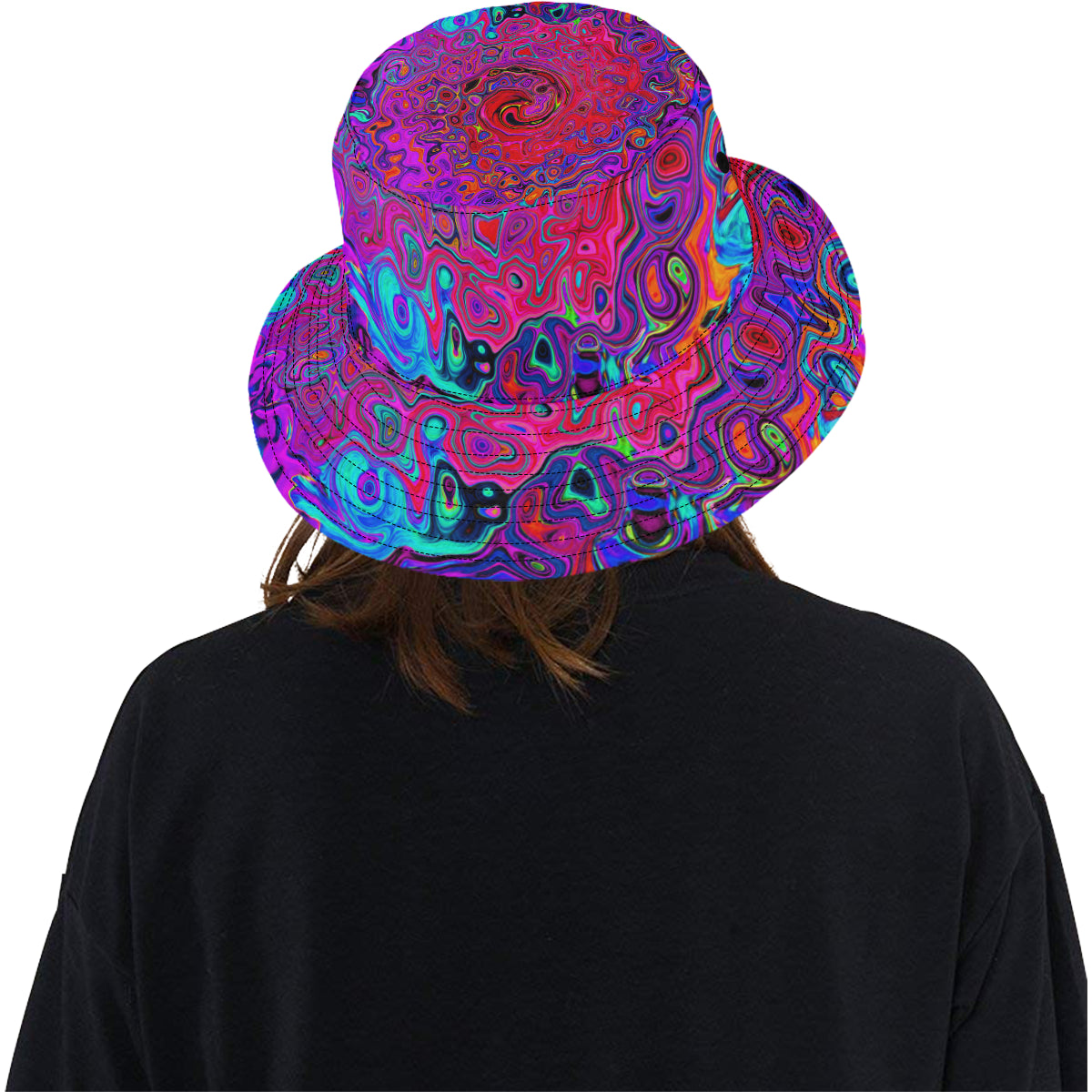 Bucket Hats, Trippy Red and Purple Abstract Retro Liquid Swirl
