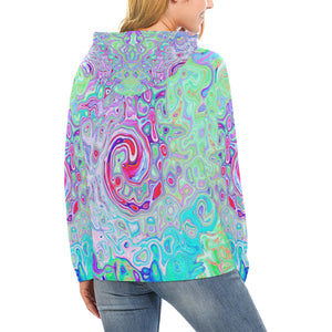 Hoodies for Women, Groovy Abstract Retro Pink and Green Swirl
