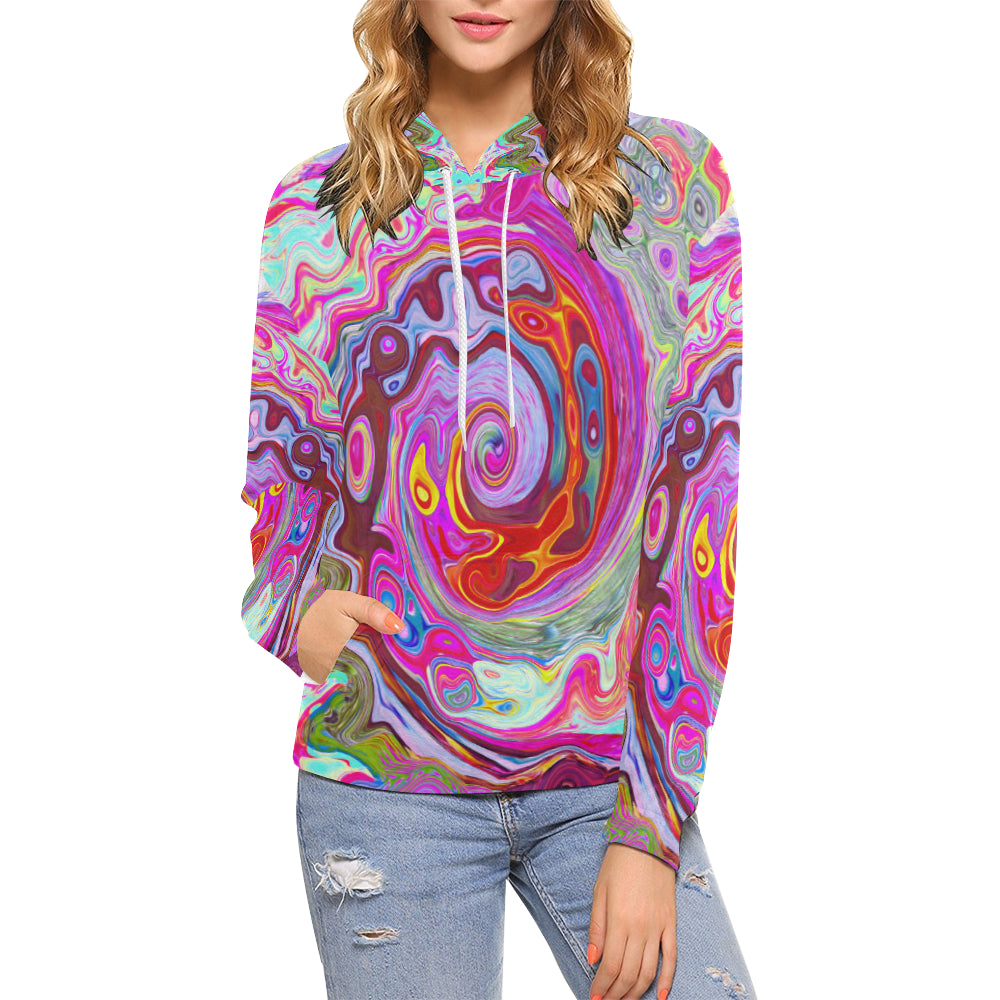 Hoodies for Women, Groovy Abstract Retro Hot Pink and Blue Swirl