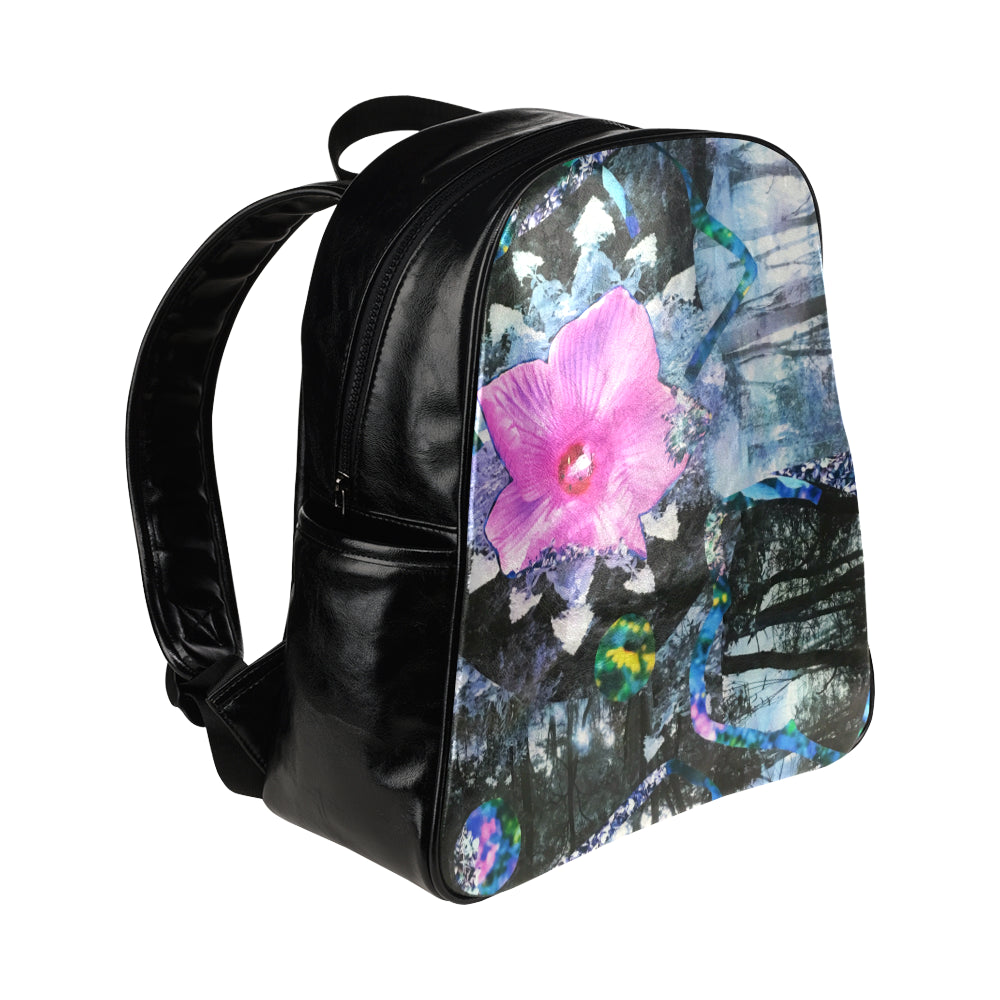 Backpack - Faux Leather, Pink Hibiscus Black and White Landscape Collage