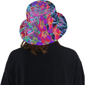 Bucket Hats, Dramatic Psychedelic Colorful Red and Purple Flowers