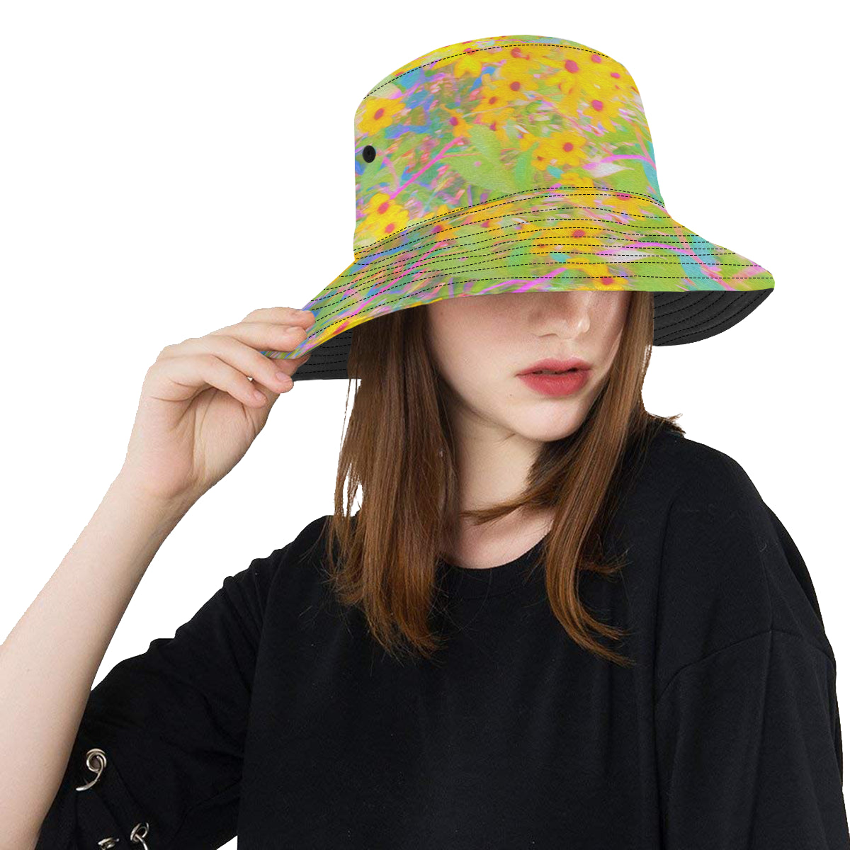 Bucket Hat, Pretty Yellow and Red Flowers with Turquoise, Colorful Hat for Women