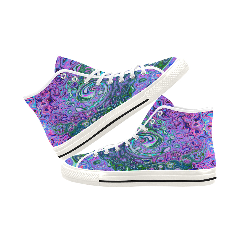 Colorful High Top Sneakers for Women, Groovy Abstract Retro Green and Purple Swirl, White