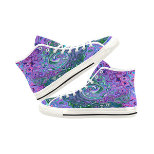 Colorful High Top Sneakers for Women, Groovy Abstract Retro Green and Purple Swirl, White