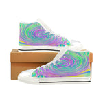 Kids High Top Sneakers, Turquoise Blue and Purple Abstract Swirl - White