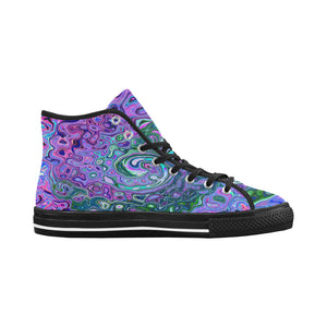 Colorful High Top Sneakers for Women, Groovy Abstract Retro Green and Purple Swirl, Black