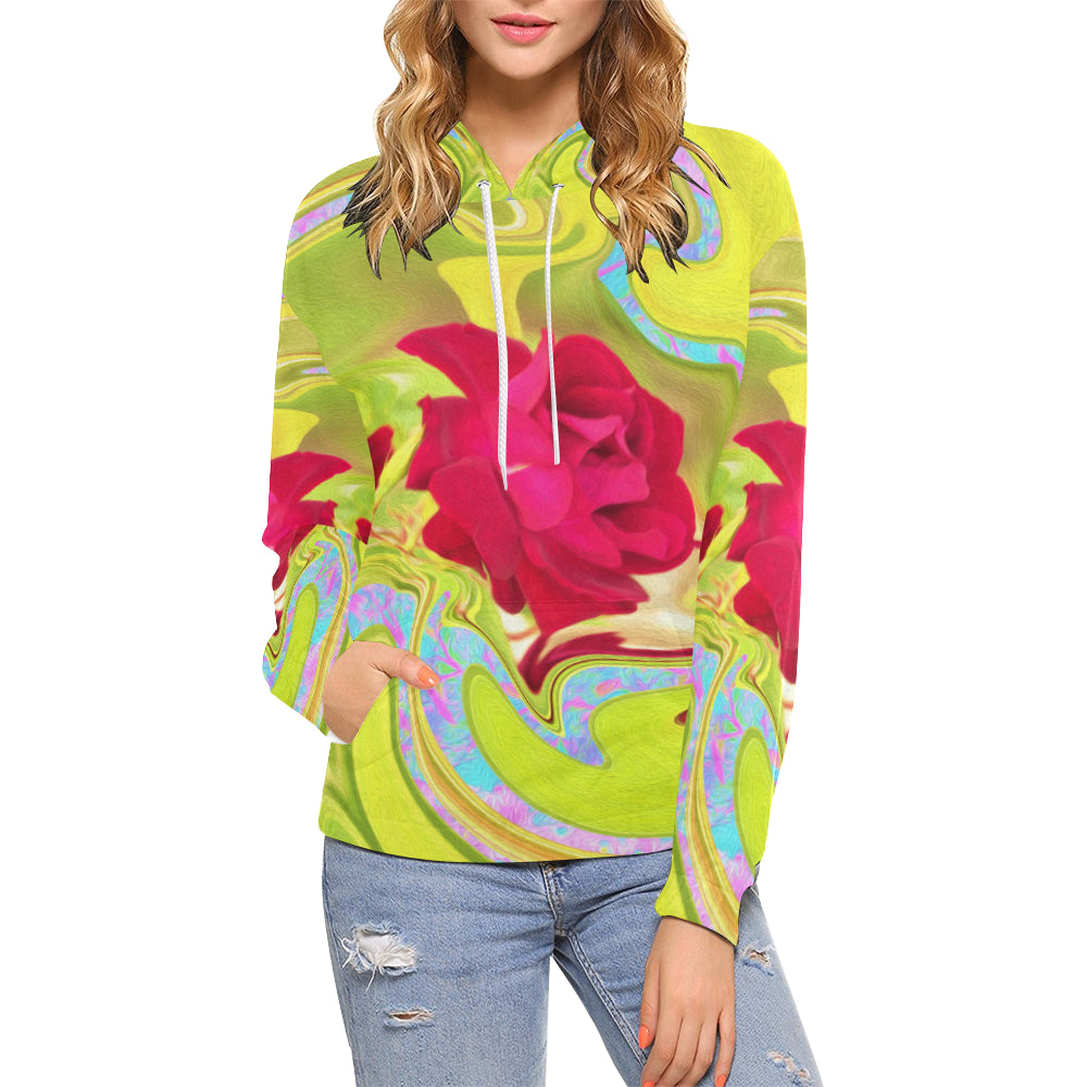 Hoodies for Women, Painted Red Rose on Yellow and Blue Abstract