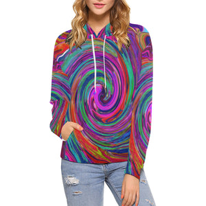 Hoodies for Women, Groovy Abstract Retro Magenta Dark Rainbow Swirl