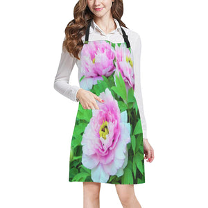 Apron with Pockets, Elegant Pink Tree Peony Flowers with Yellow Centers